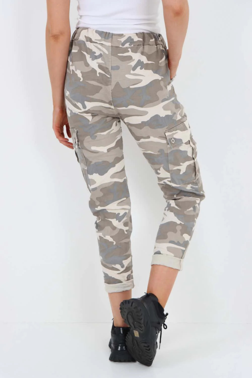 Italian Drawstring Camo Side Pockets Cargo Trousers - Beige