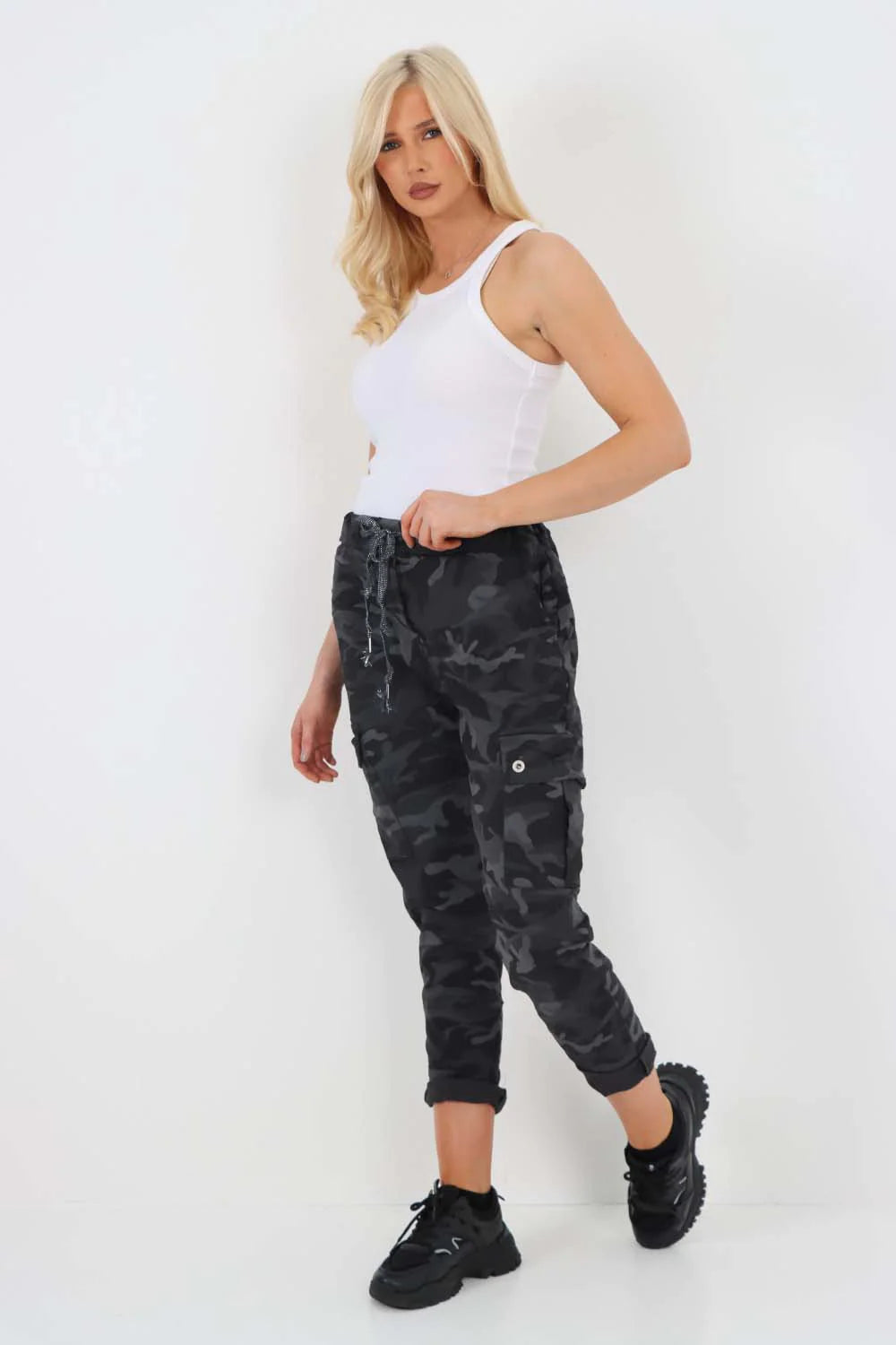 Italian Drawstring Camo Side Pockets Cargo Trousers - Black