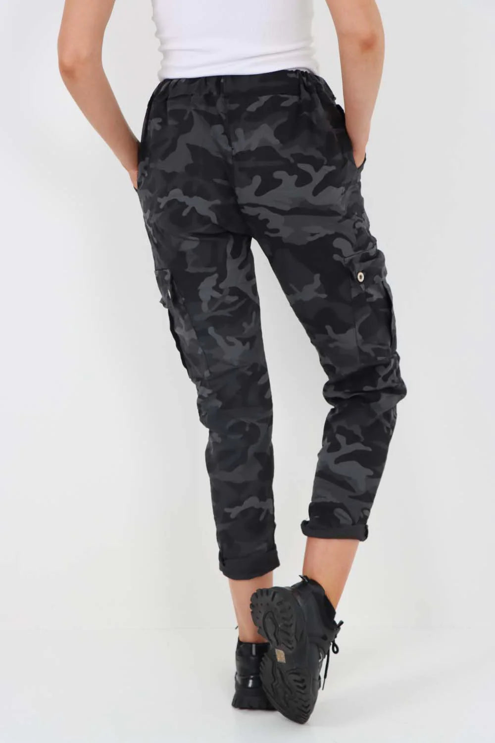 Italian Drawstring Camo Side Pockets Cargo Trousers - Black