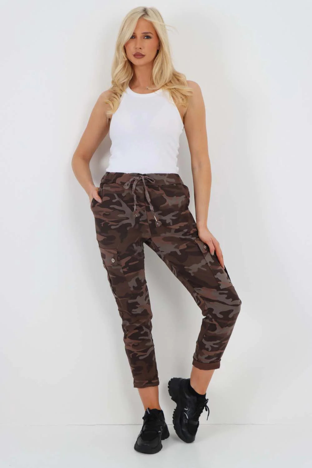 Italian Drawstring Camo Side Pockets Cargo Trousers - Brown