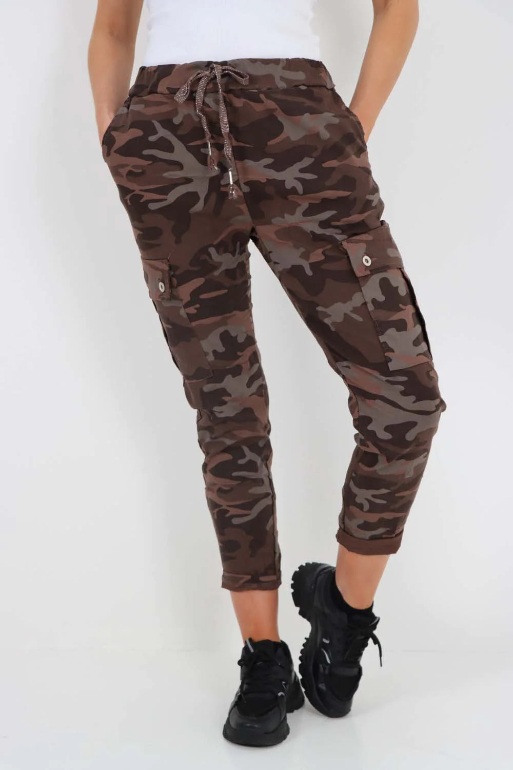 Italian Drawstring Camo Side Pockets Cargo Trousers - Brown