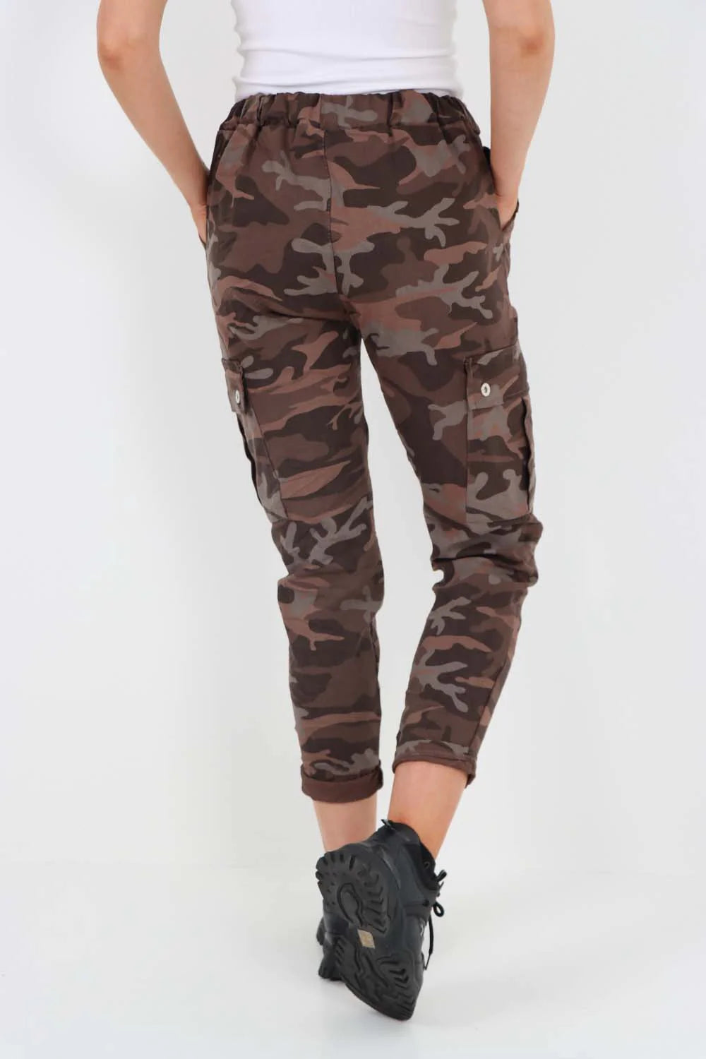 Italian Drawstring Camo Side Pockets Cargo Trousers - Brown