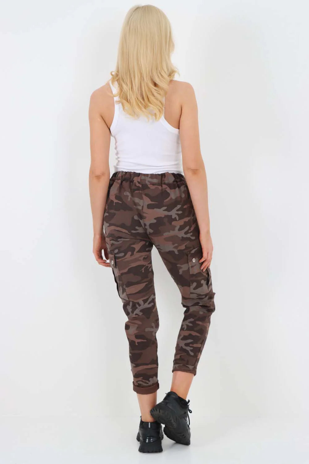 Italian Drawstring Camo Side Pockets Cargo Trousers - Brown