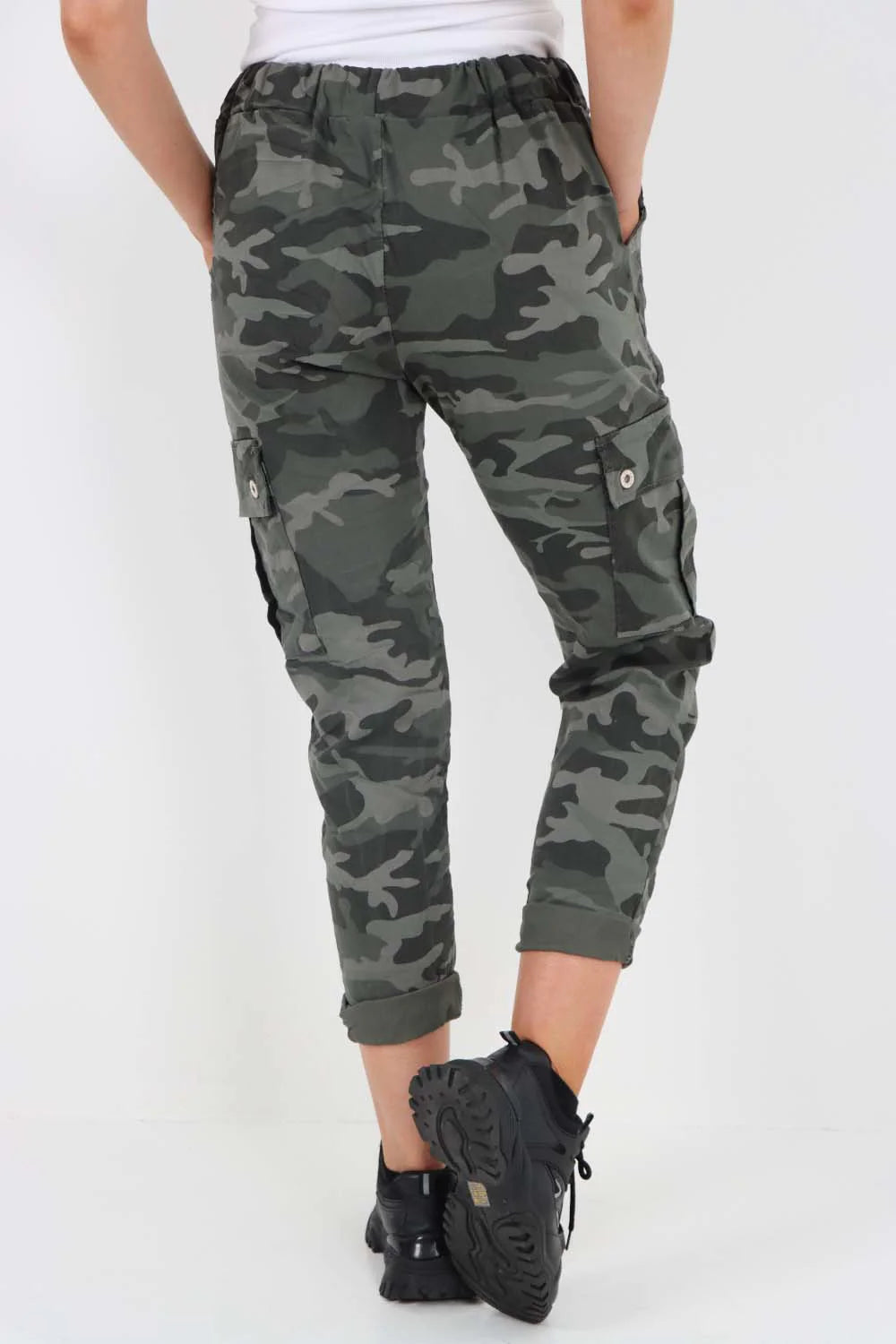 Italian Drawstring Camo Side Pockets Cargo Trousers - Charcoal