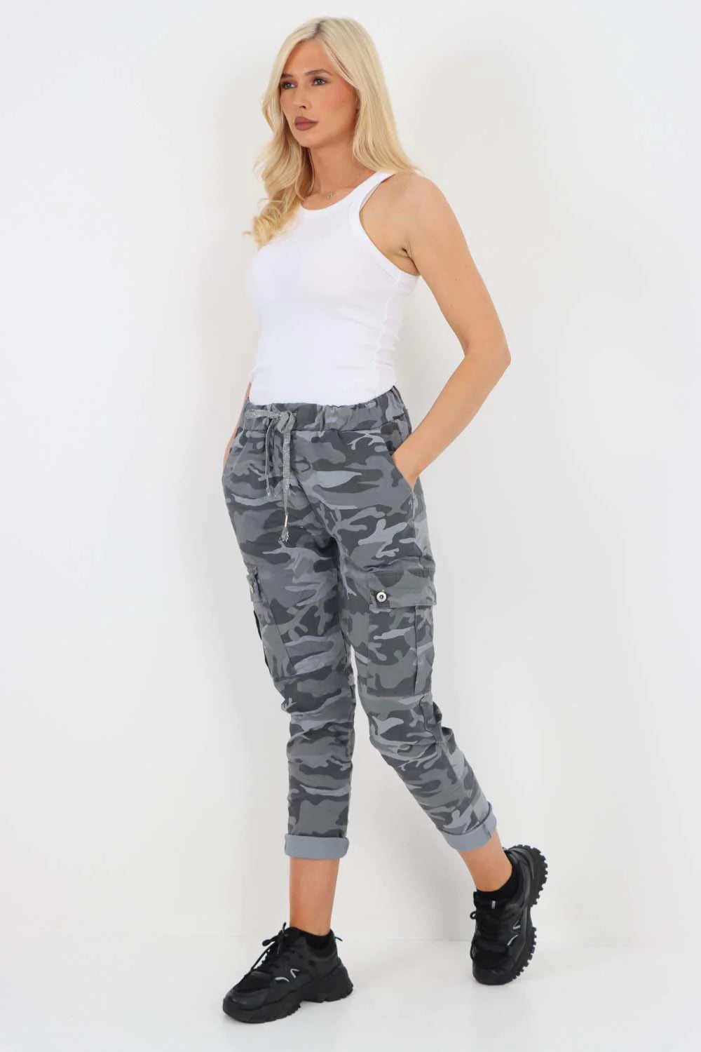 Italian Drawstring Camo Side Pockets Cargo Trousers - Denim Blue