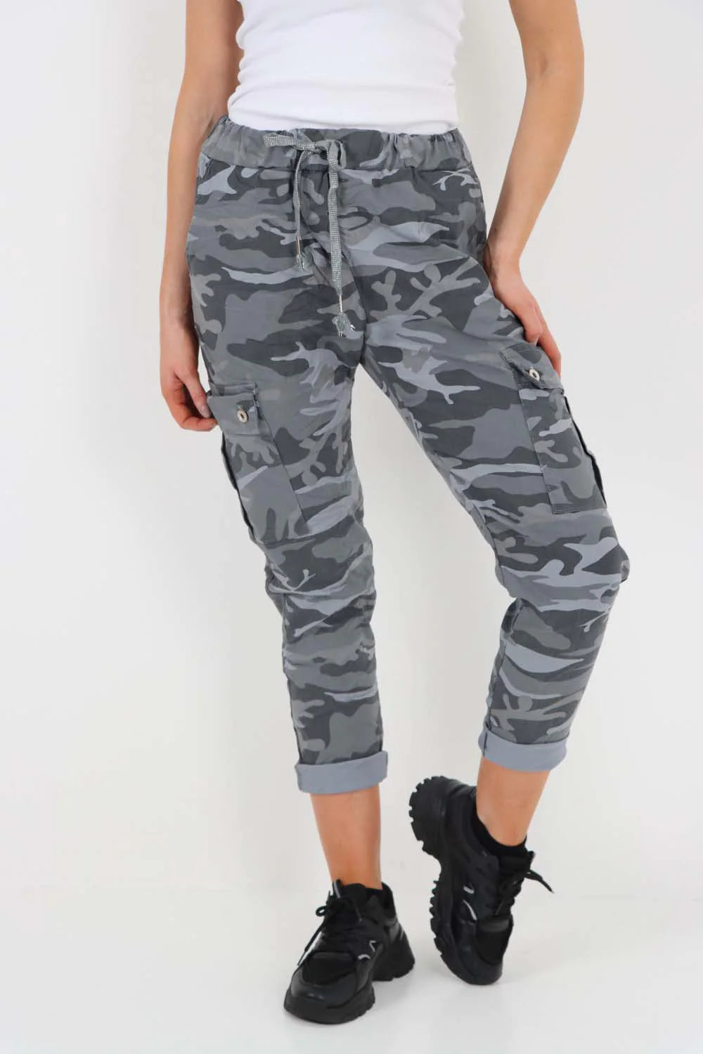 Italian Drawstring Camo Side Pockets Cargo Trousers - Denim Blue