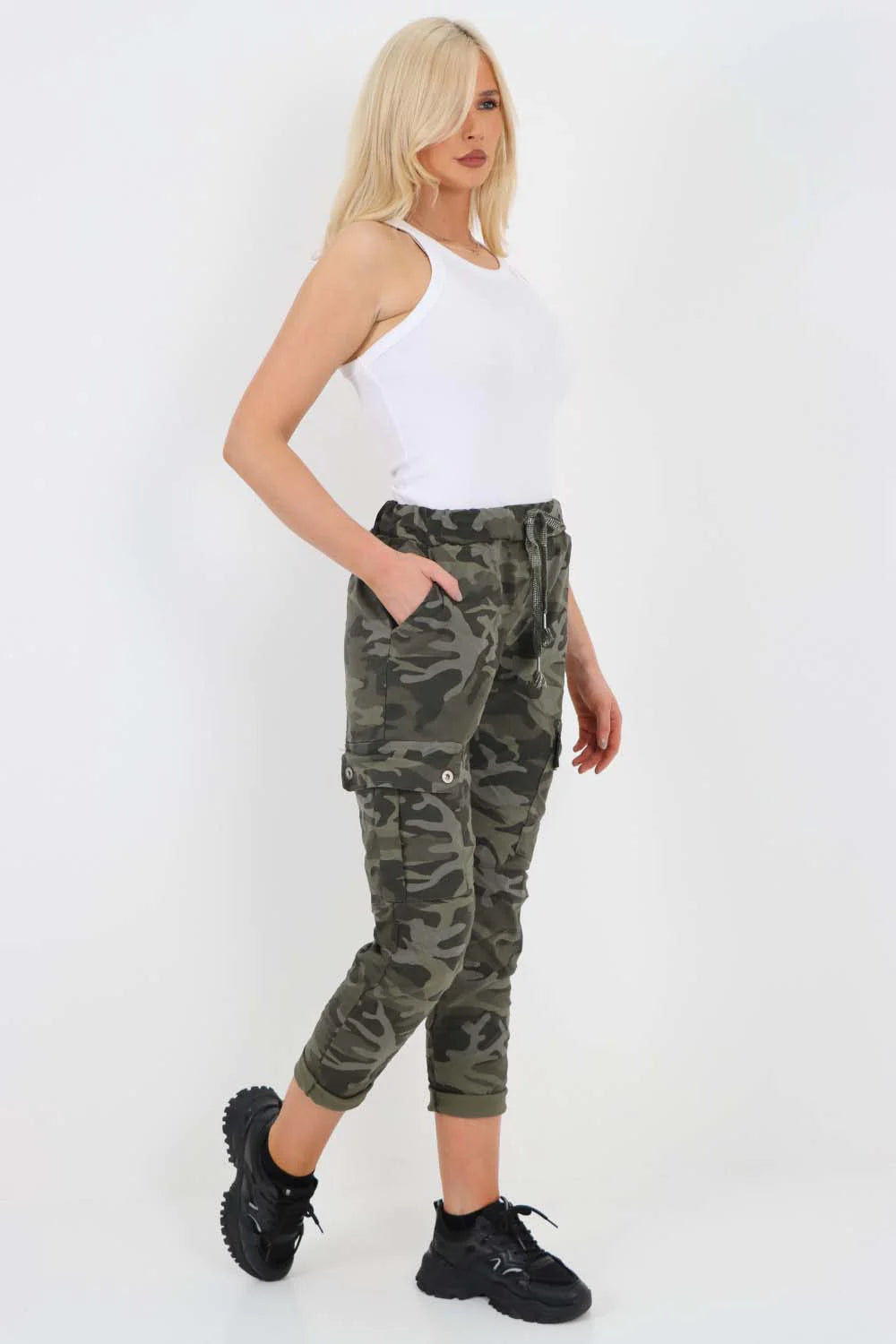 Italian Drawstring Camo Side Pockets Cargo Trousers - Khaki