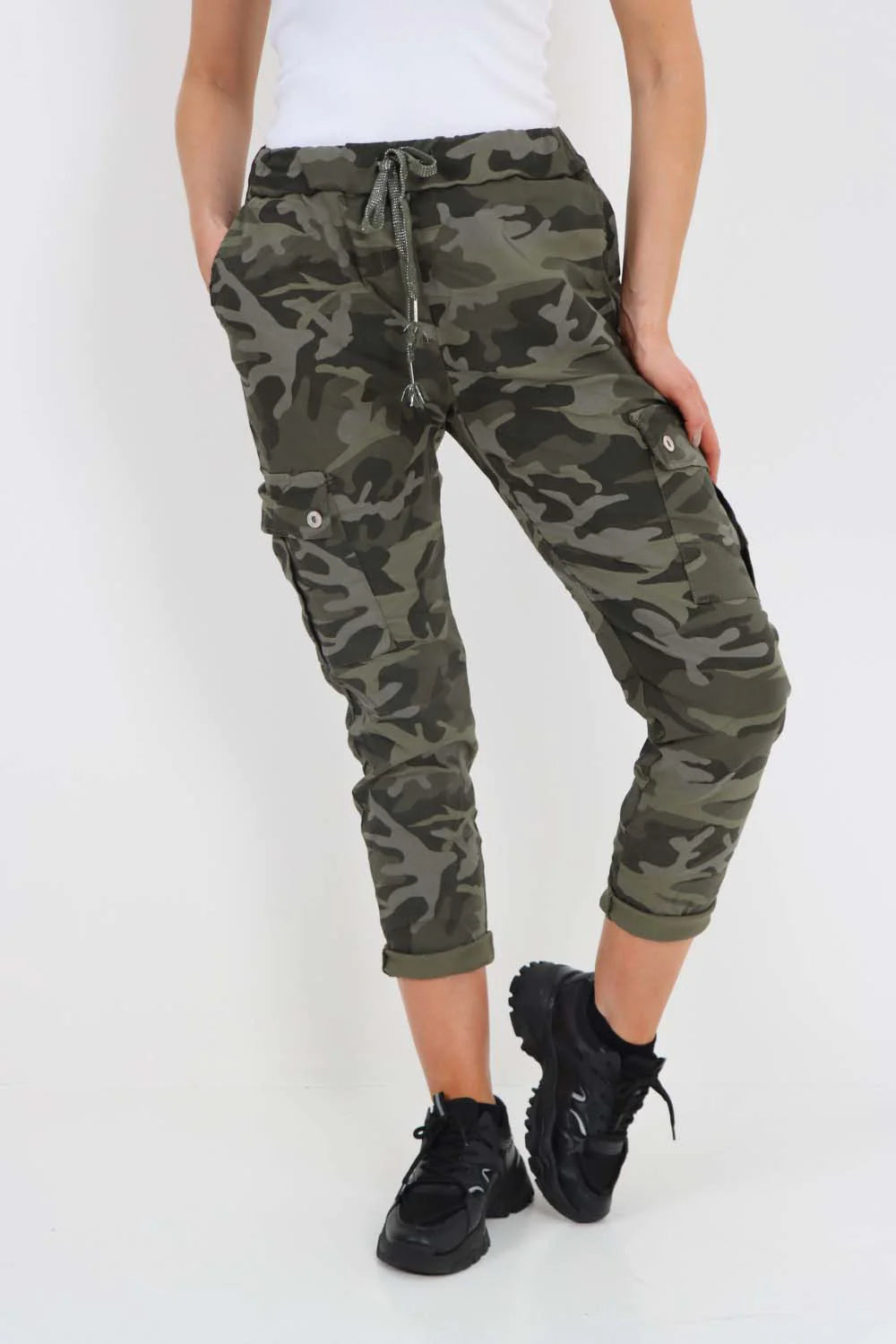 Italian Drawstring Camo Side Pockets Cargo Trousers - Khaki