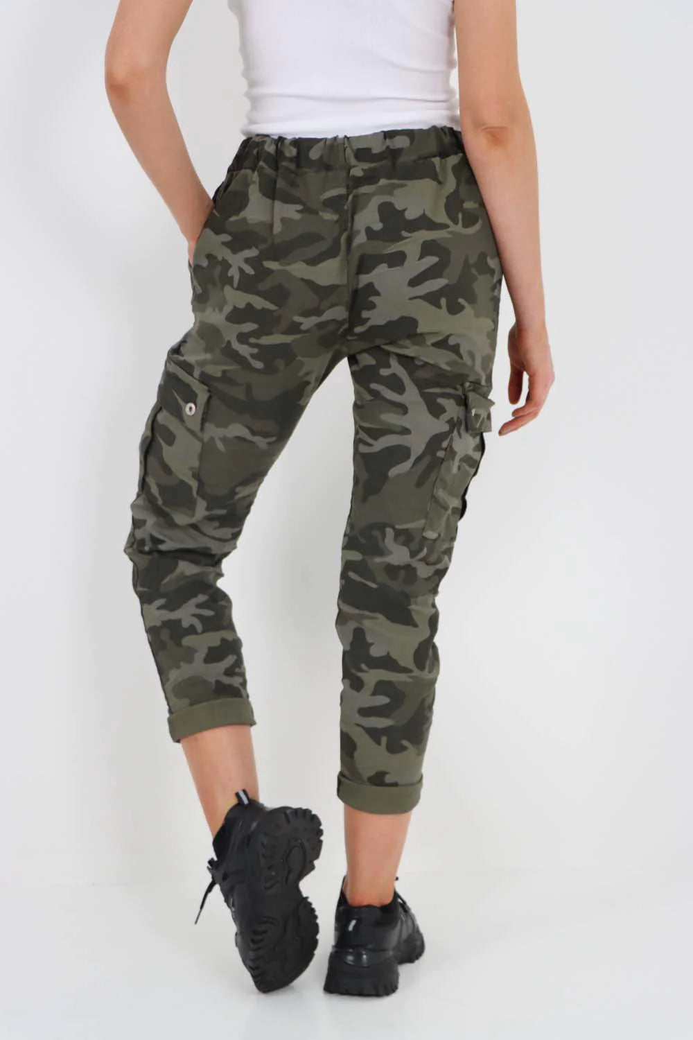 Italian Drawstring Camo Side Pockets Cargo Trousers - Khaki