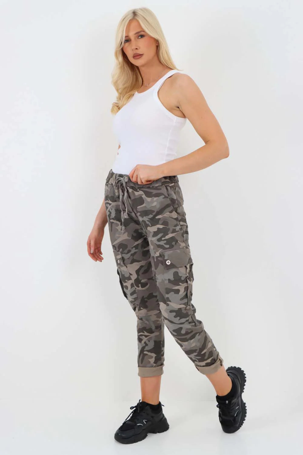 Italian Drawstring Camo Side Pockets Cargo Trousers - Mocha