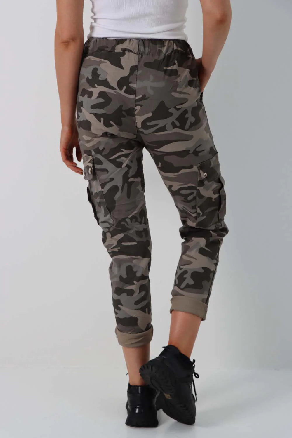 Italian Drawstring Camo Side Pockets Cargo Trousers - Mocha