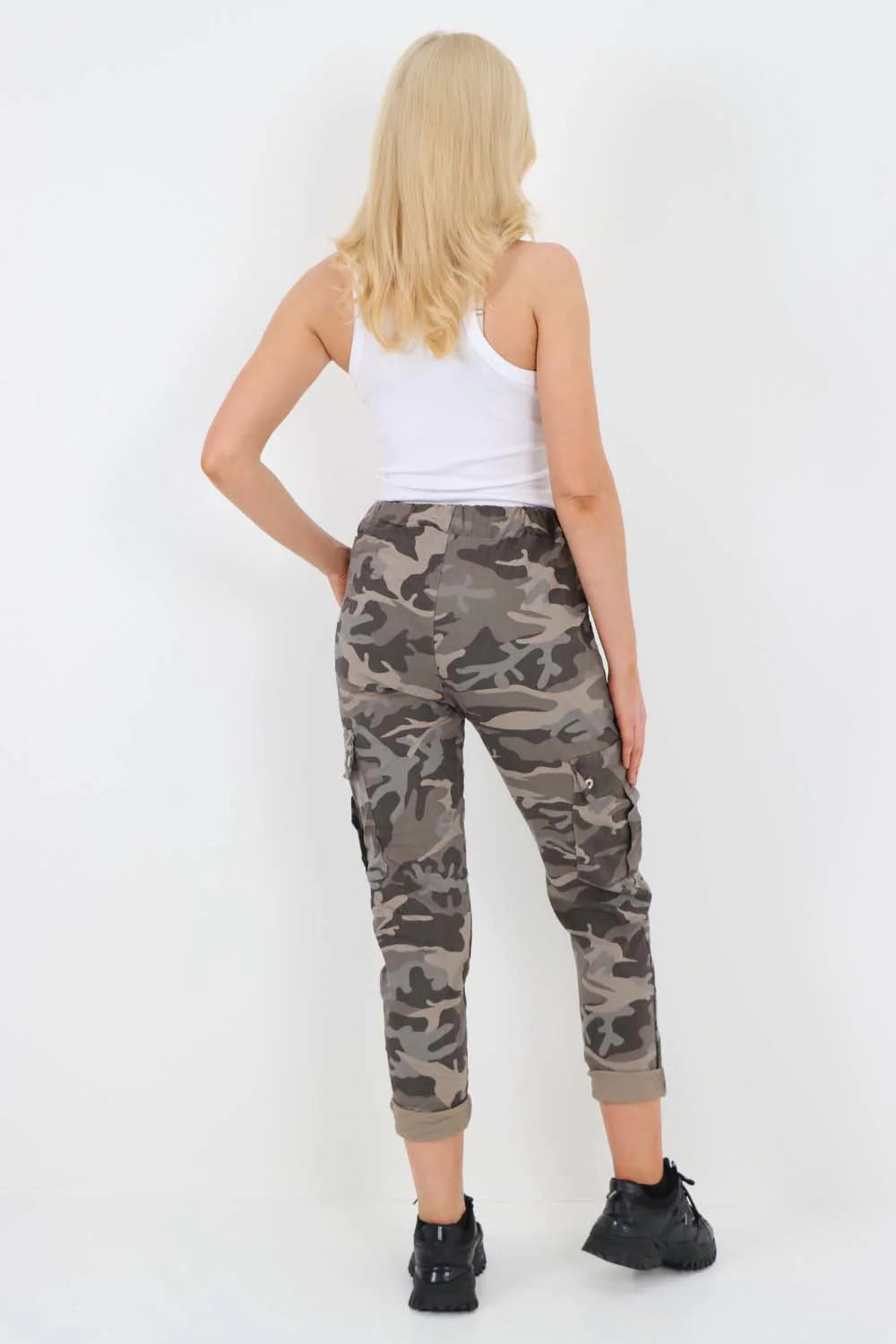 Italian Drawstring Camo Side Pockets Cargo Trousers - Mocha