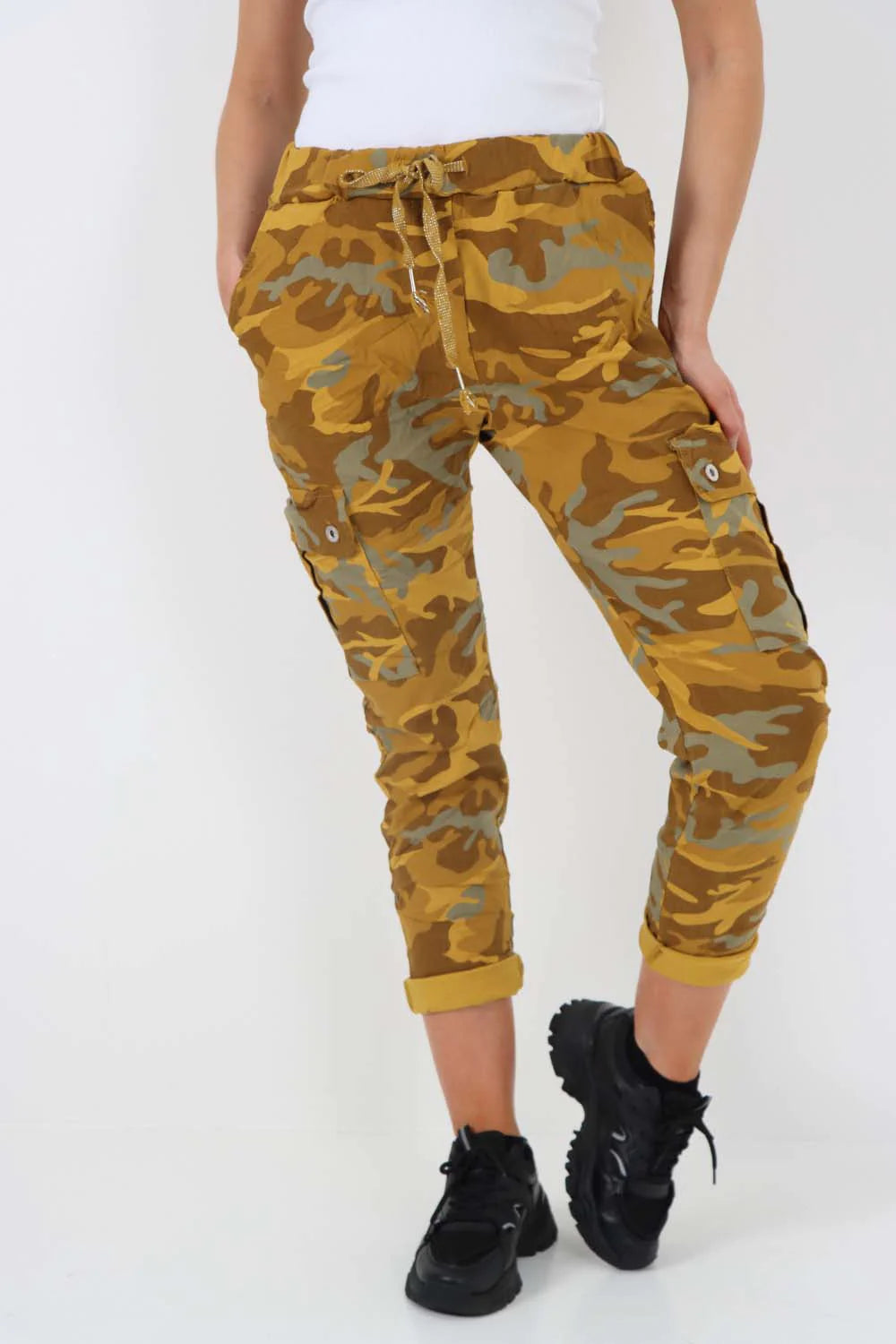 Italian Drawstring Camo Side Pockets Cargo Trousers - Mustard