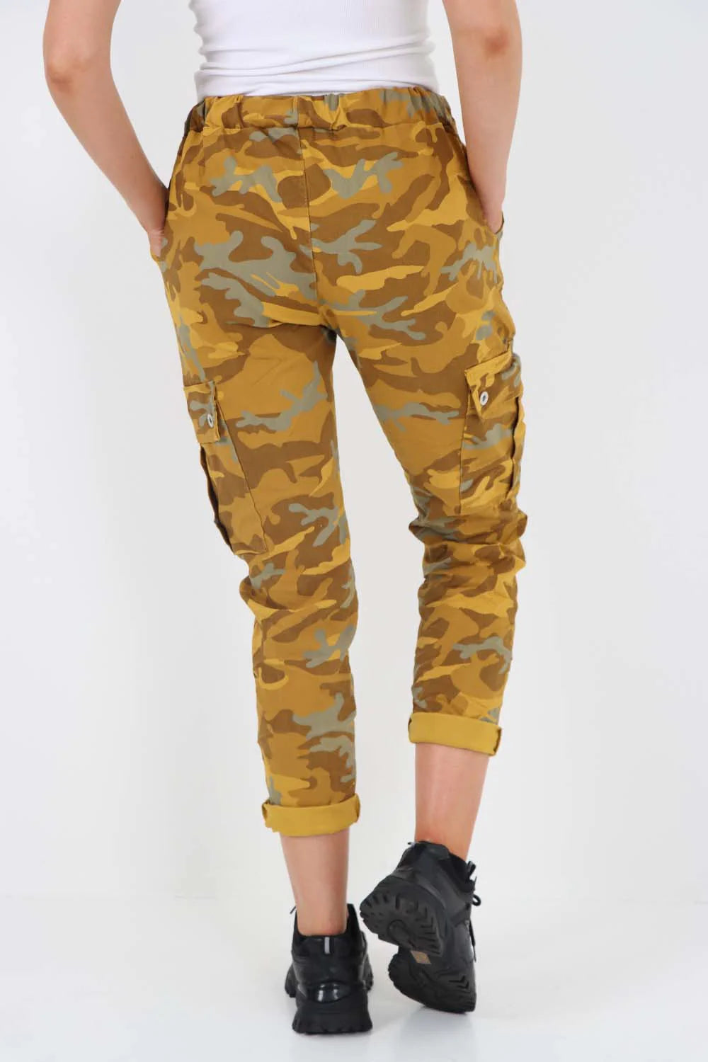 Italian Drawstring Camo Side Pockets Cargo Trousers - Mustard