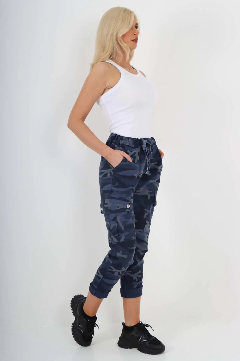 Italian Drawstring Camo Side Pockets Cargo Trousers - Navy Blue