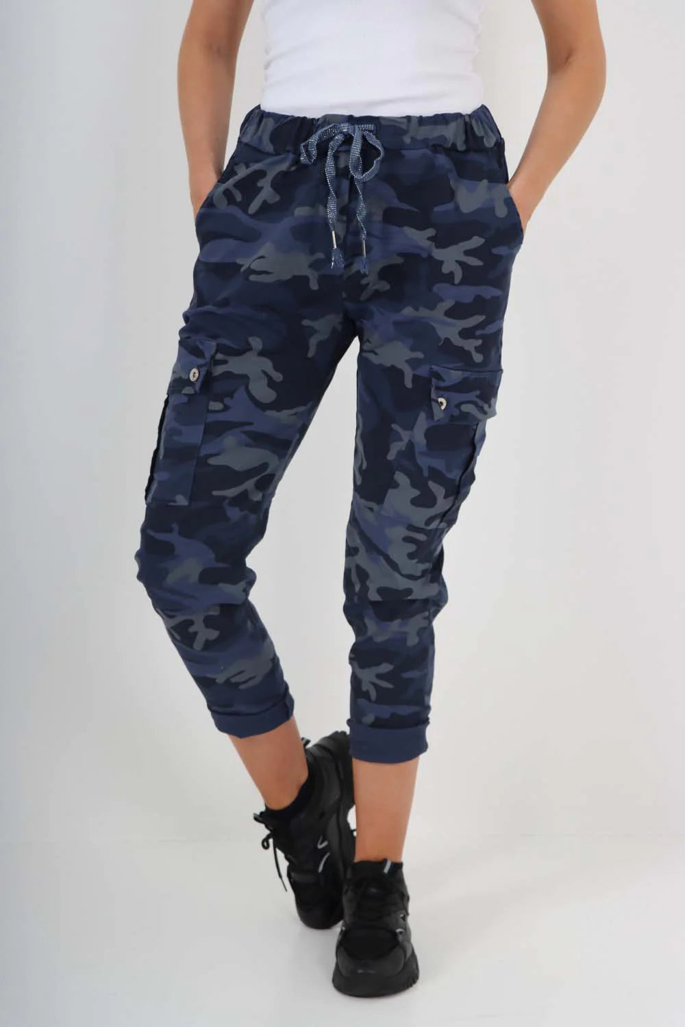 Italian Drawstring Camo Side Pockets Cargo Trousers - Navy Blue