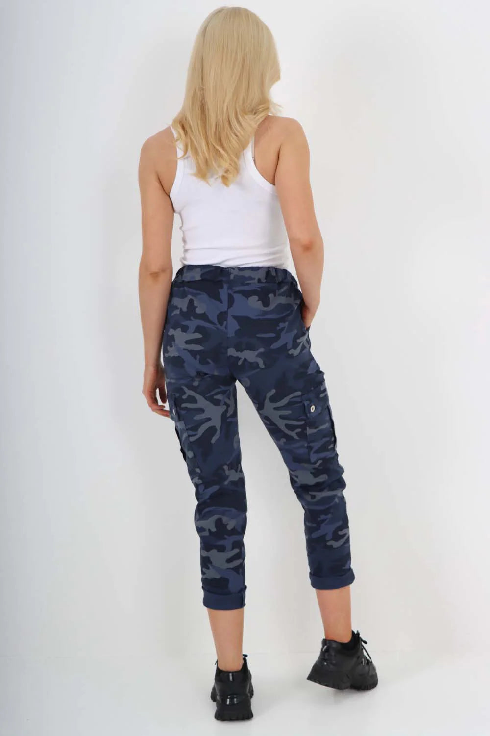 Italian Drawstring Camo Side Pockets Cargo Trousers - Navy Blue