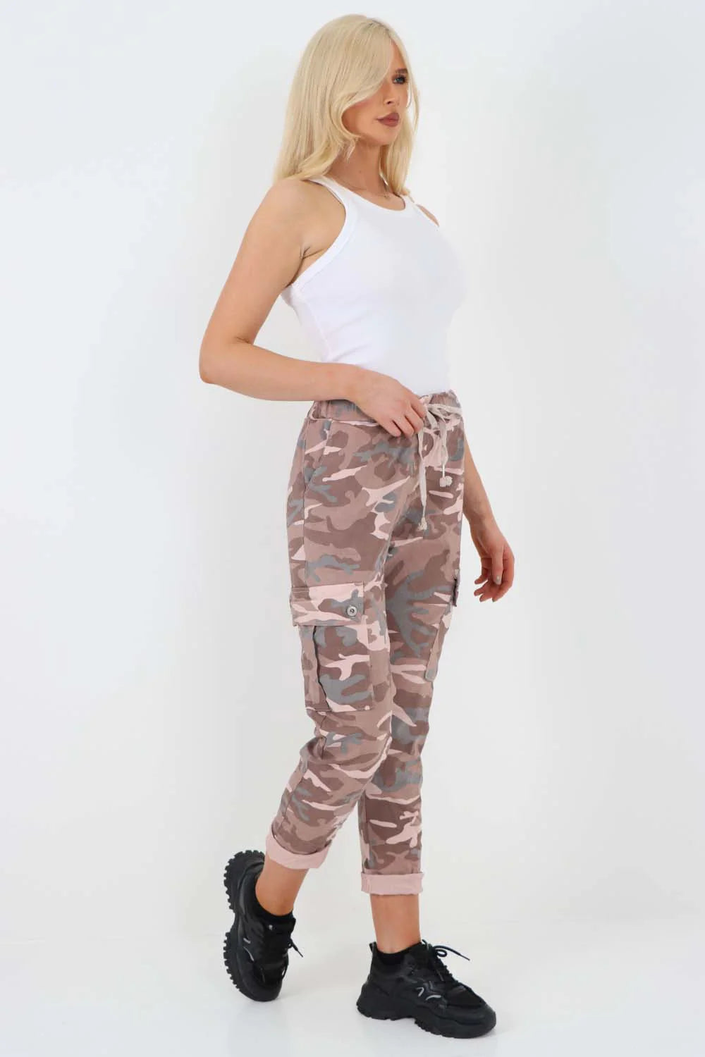 Italian Drawstring Camo Side Pockets Cargo Trousers - Pink