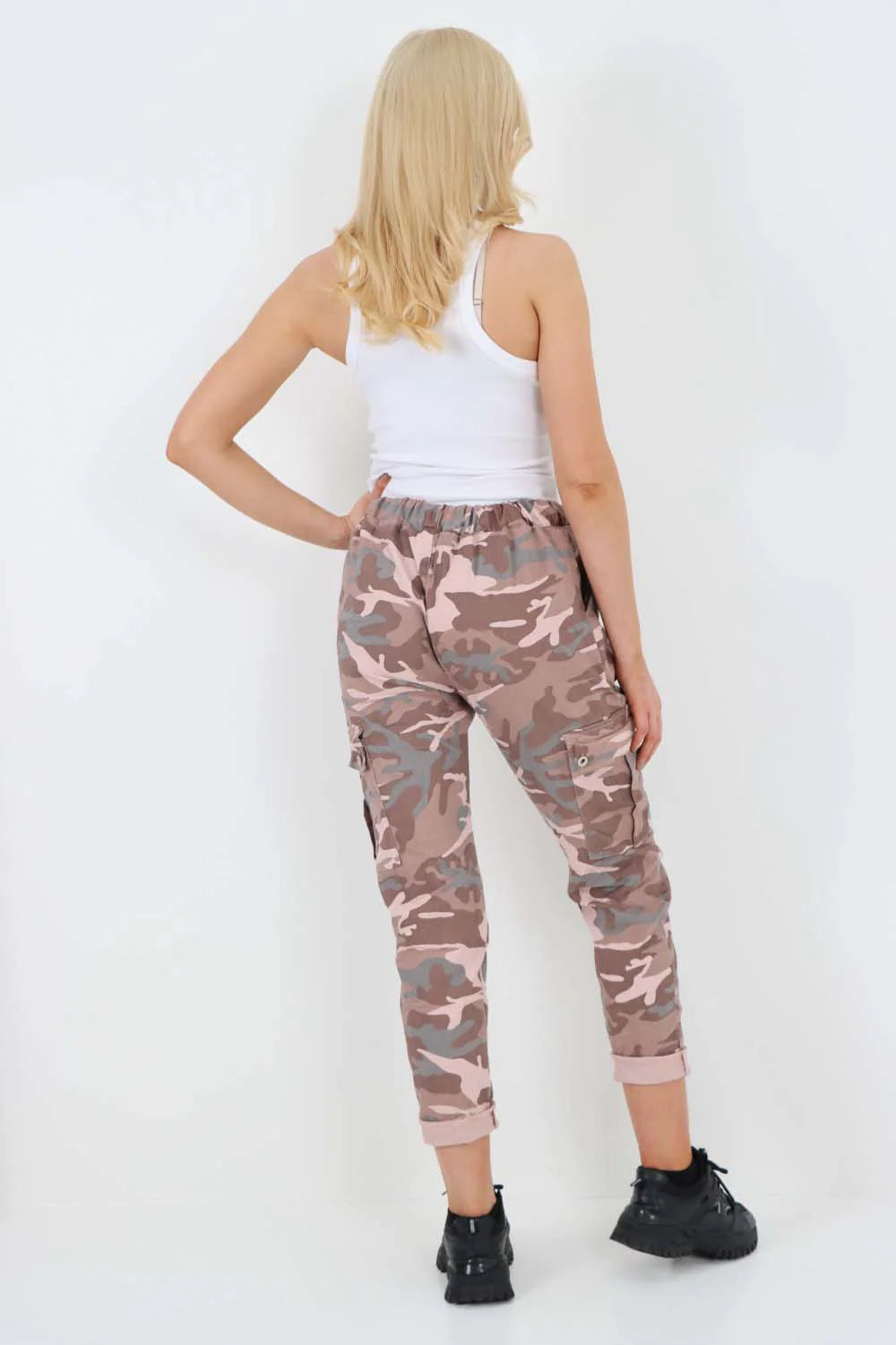 Italian Drawstring Camo Side Pockets Cargo Trousers - Pink