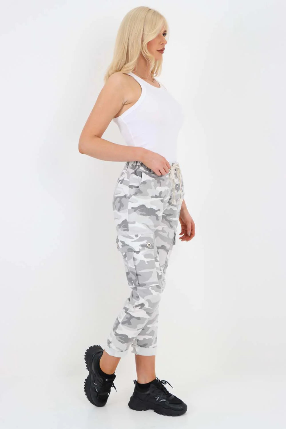 Italian Drawstring Camo Side Pockets Cargo Trousers - White