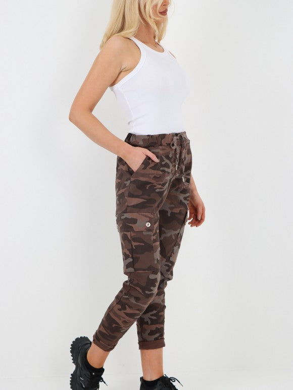 Italian Camouflage Cargo Elasticated Magic Trousers - Chocolate