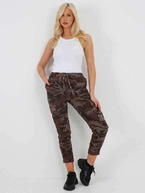 Italian Camouflage Cargo Elasticated Magic Trousers - Chocolate