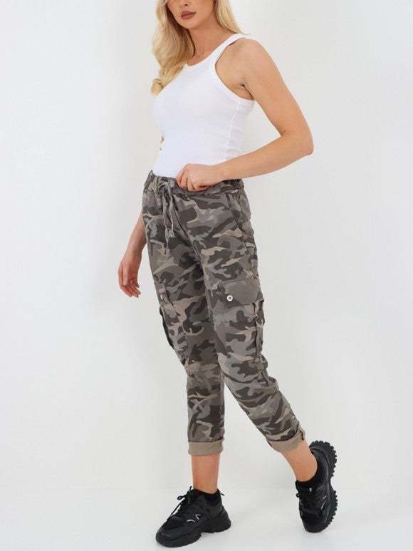 Italian Camouflage Cargo Elasticated Magic Trousers - Mocha