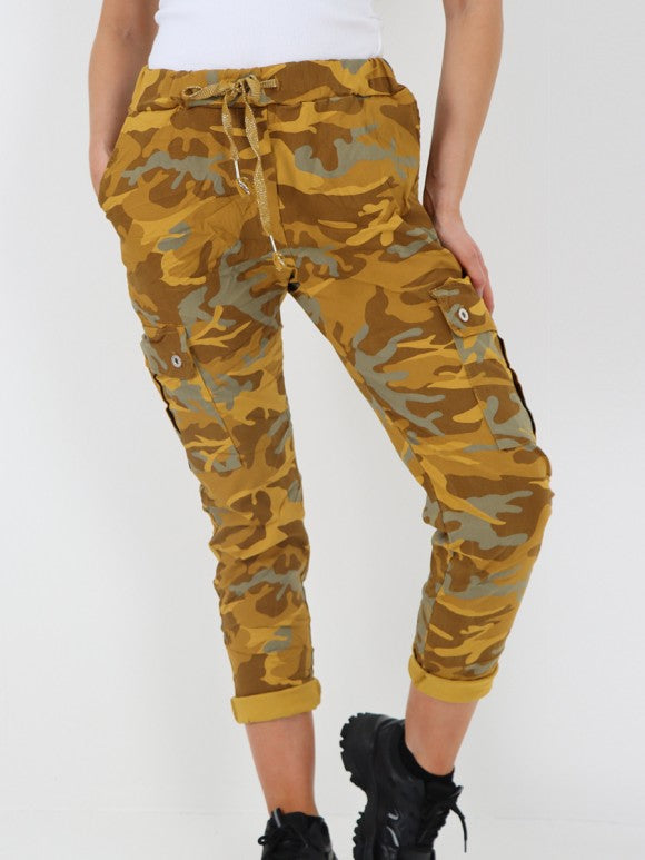 Italian Camouflage Cargo Elasticated Magic Trousers - Mustard