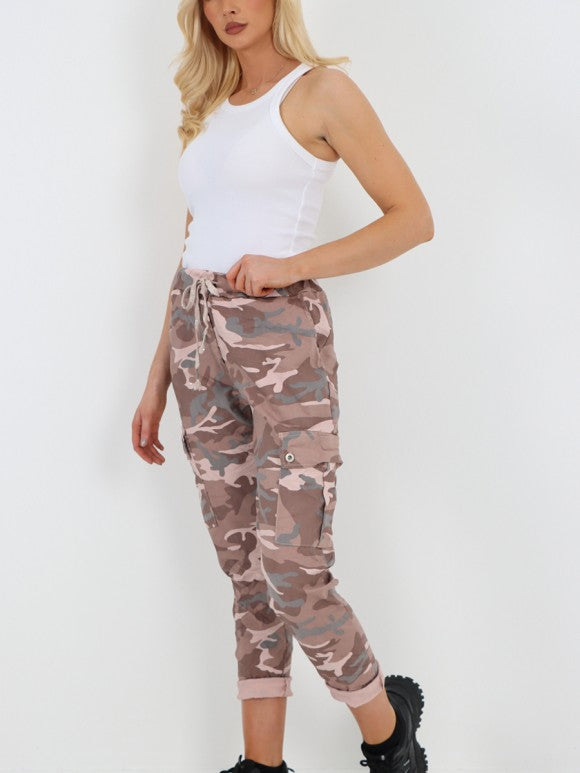 Italian Camouflage Cargo Elasticated Magic Trousers - Tea Pink