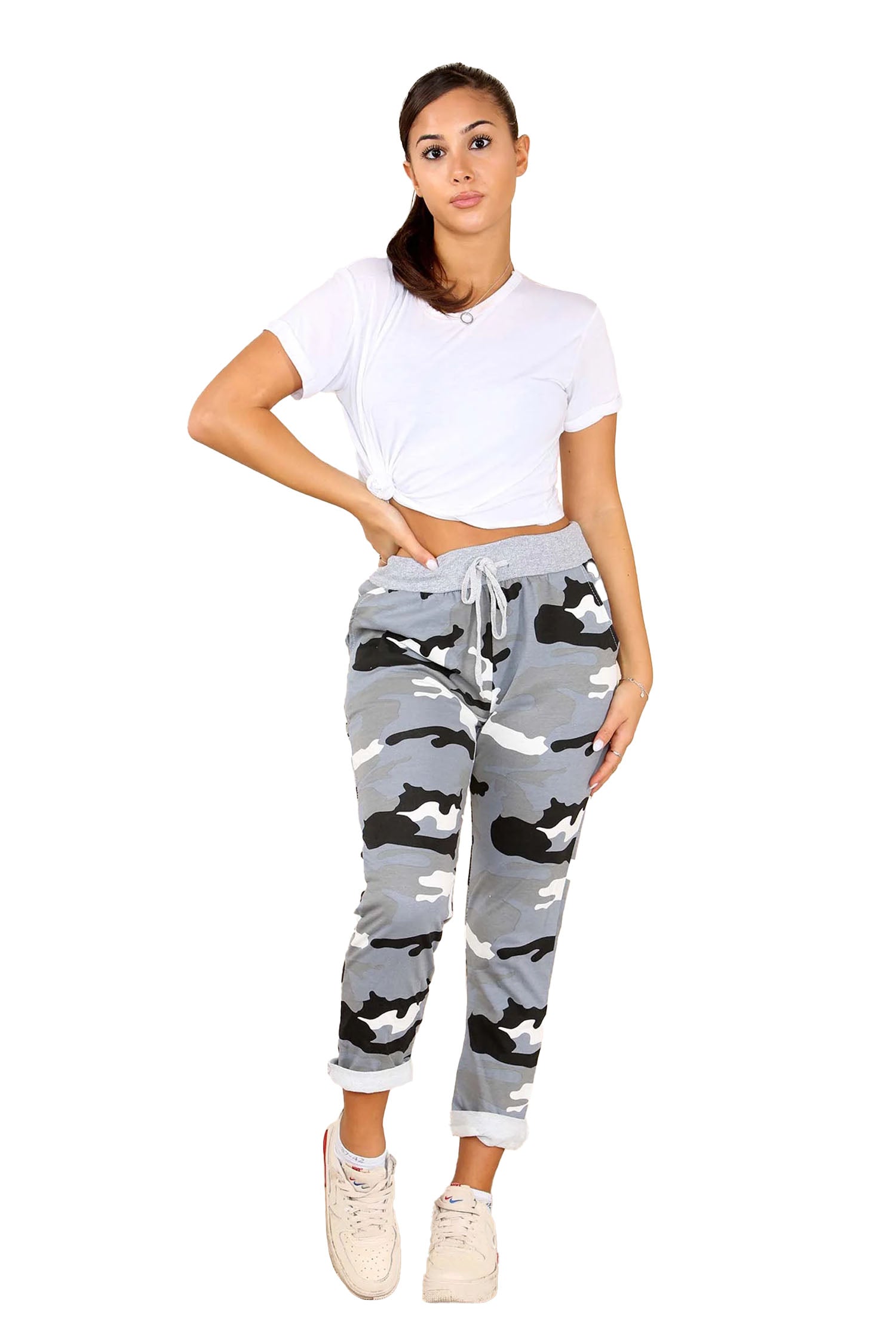 Italian Camouflage Drawstring Cotton Joggers - Grey