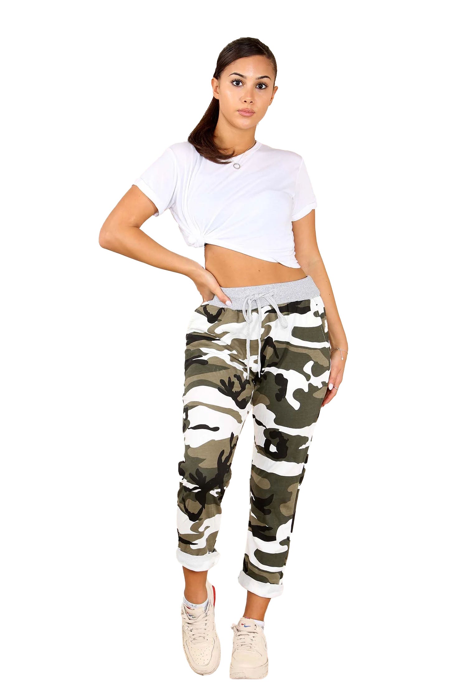 Italian Camouflage Drawstring Cotton Joggers - White