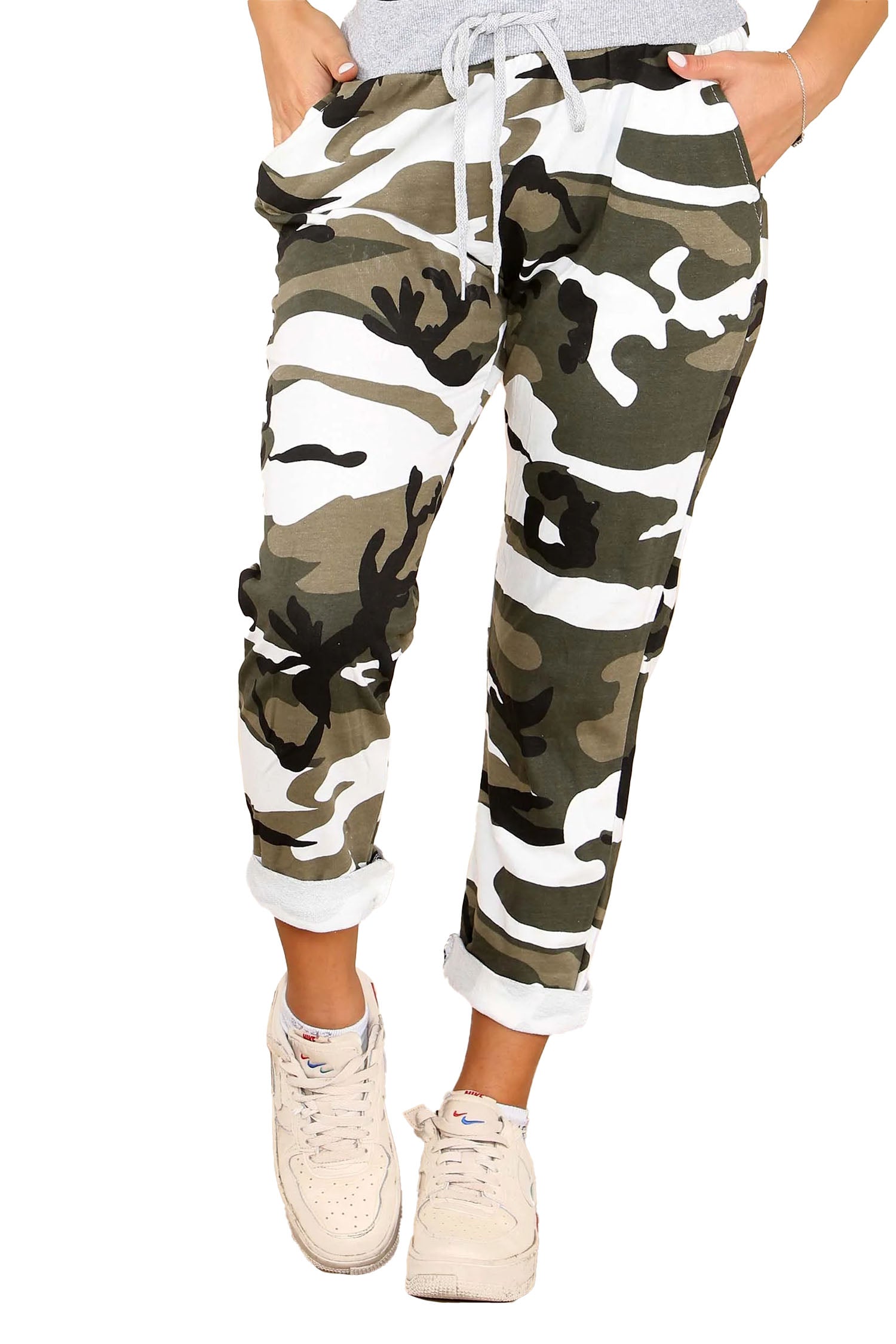 Italian Camouflage Drawstring Cotton Joggers - White