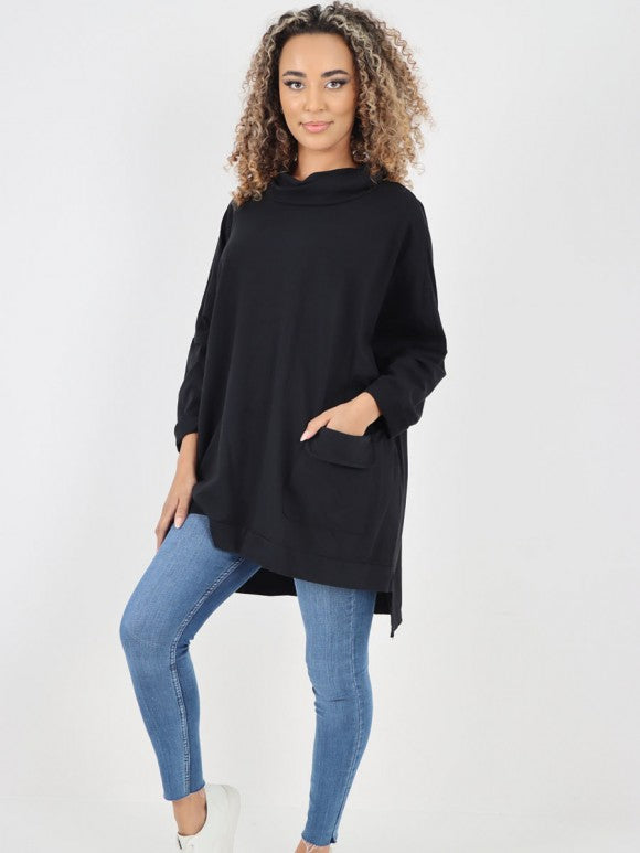 Italian Cowl Neck Flap Over Pocket High Low Top - Black