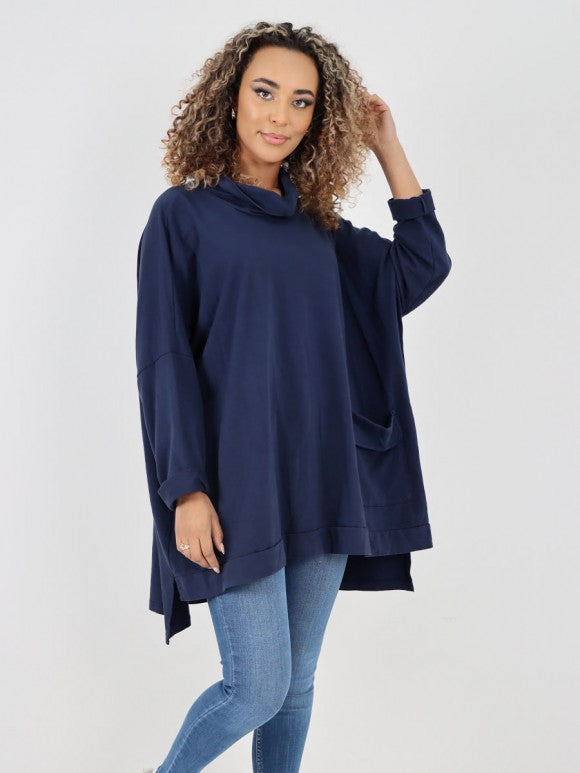 Italian Cowl Neck Flap Over Pocket High Low Top - Navy