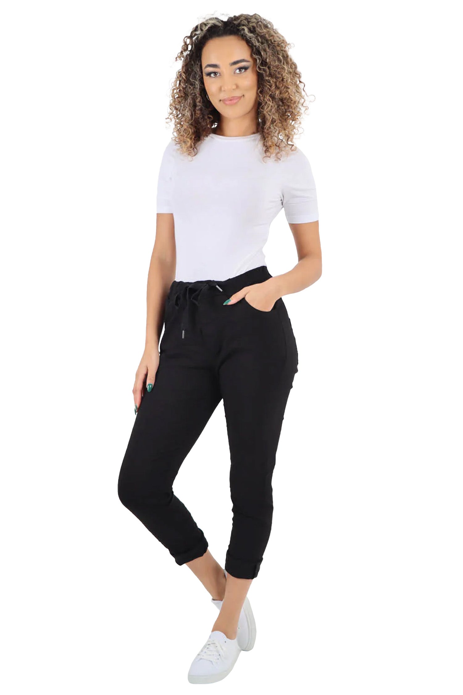 Crushed Drawstring Back Pocket Magic Pants - Black