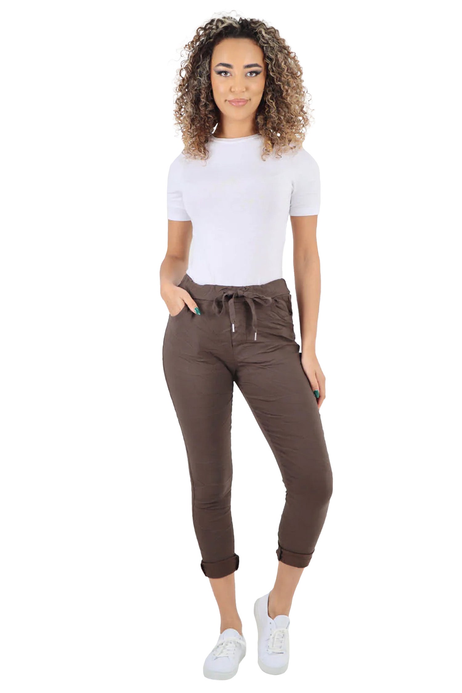 Crushed Drawstring Back Pocket Magic Pants - Brown