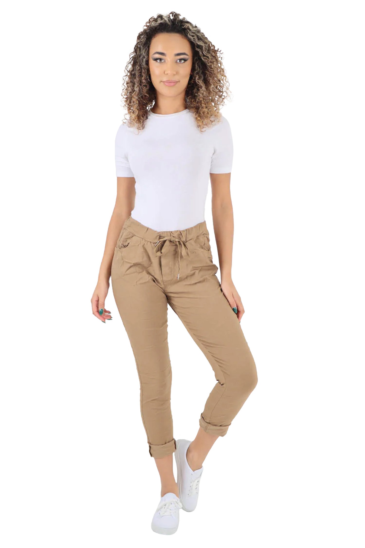 Crushed Drawstring Back Pocket Magic Pants - Camel