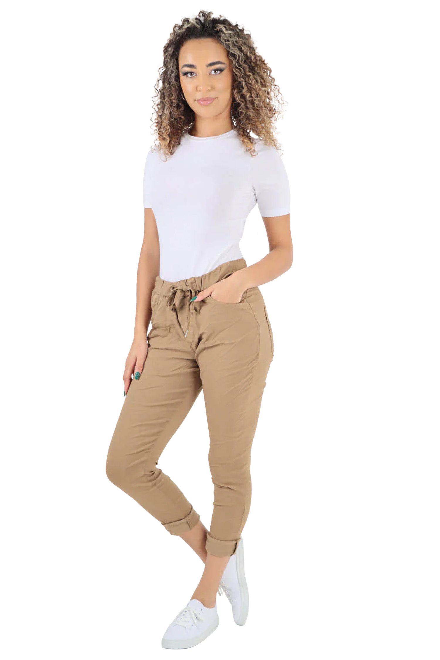 Crushed Drawstring Back Pocket Magic Pants - Camel