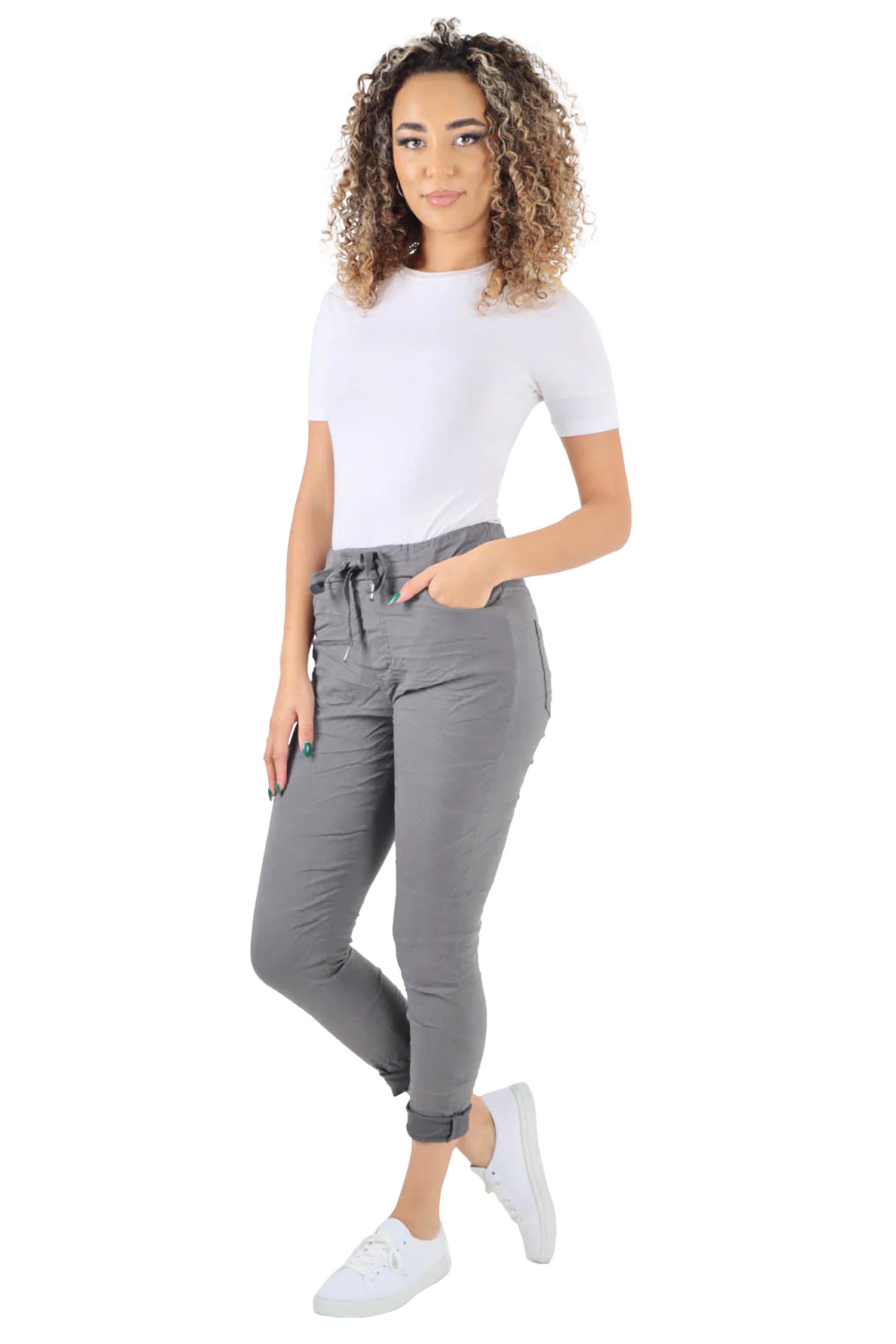 Crushed Drawstring Back Pocket Magic Pants - Grey