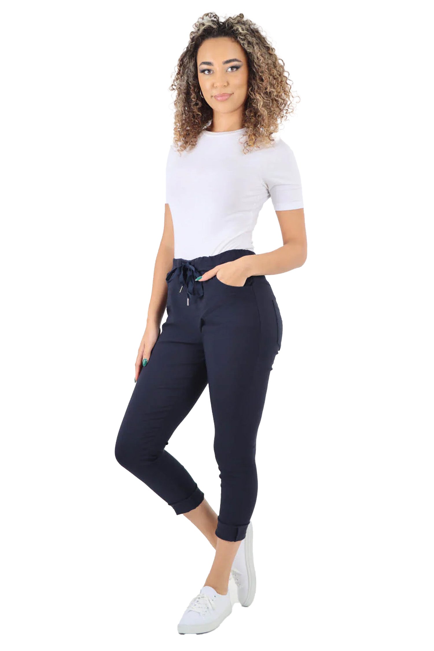 Crushed Drawstring Back Pocket Magic Pants - Navy Blue