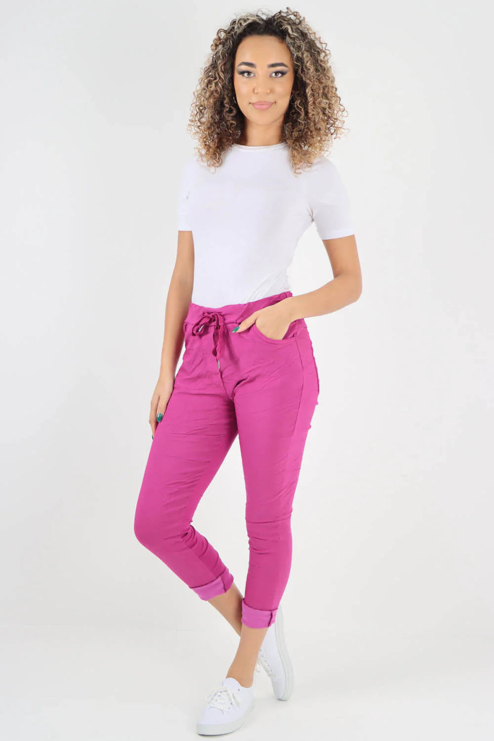 Crushed Drawstring Back Pocket Magic Pants - Pink