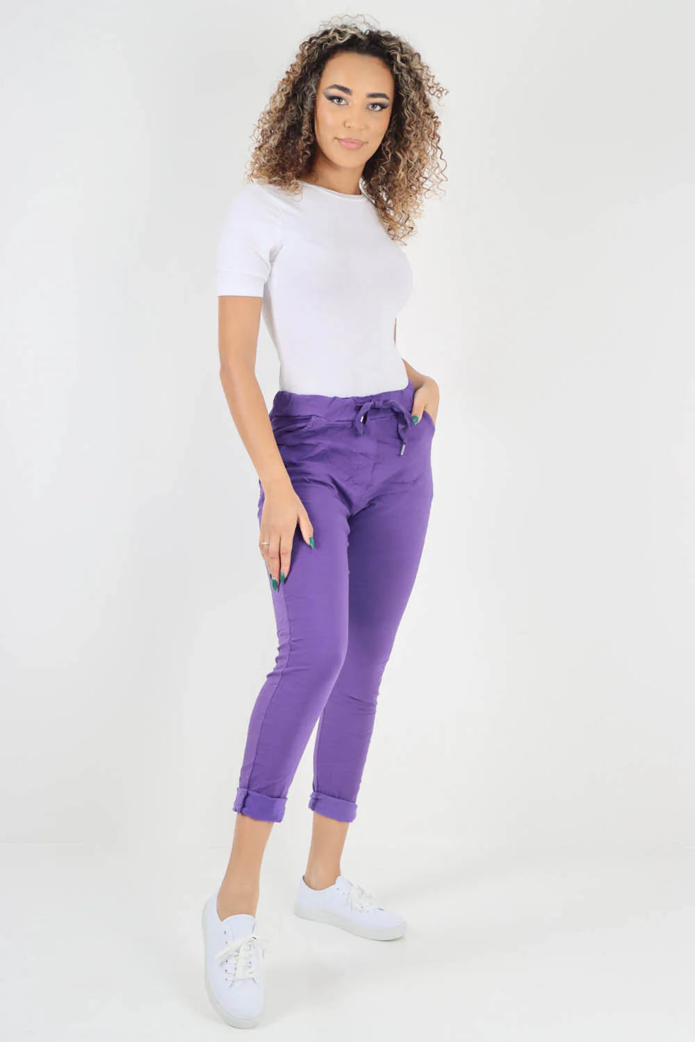 Crushed Drawstring Back Pocket Magic Pants - Purple