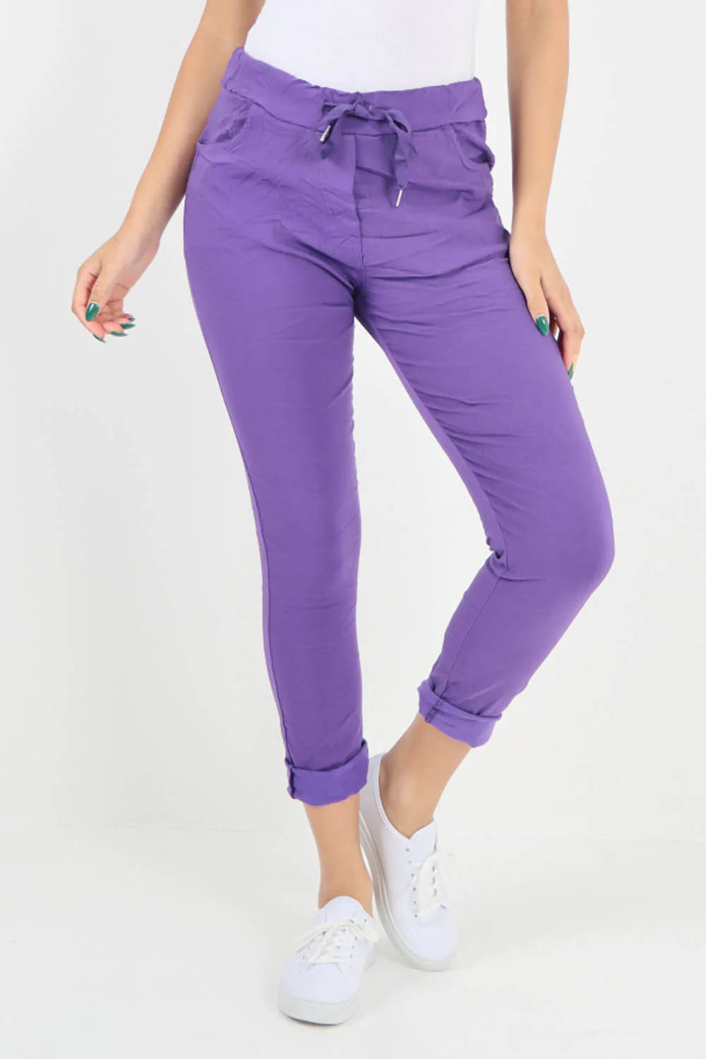 Crushed Drawstring Back Pocket Magic Pants - Purple