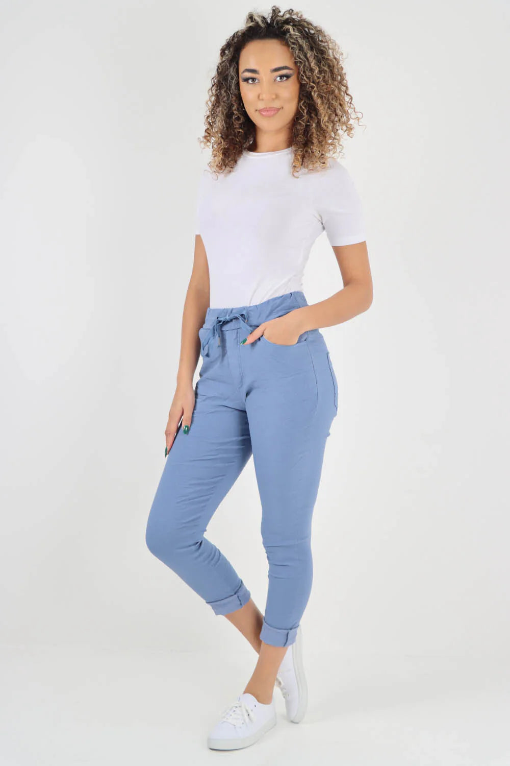 Crushed Drawstring Back Pocket Magic Pants - Sky Blue