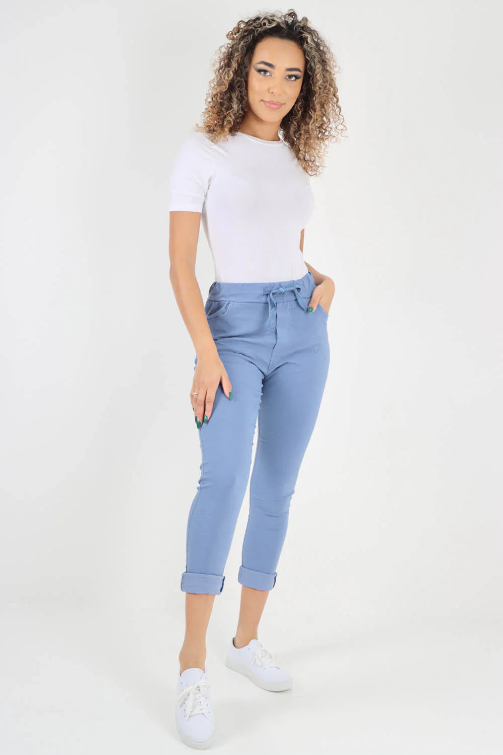 Crushed Drawstring Back Pocket Magic Pants - Sky Blue