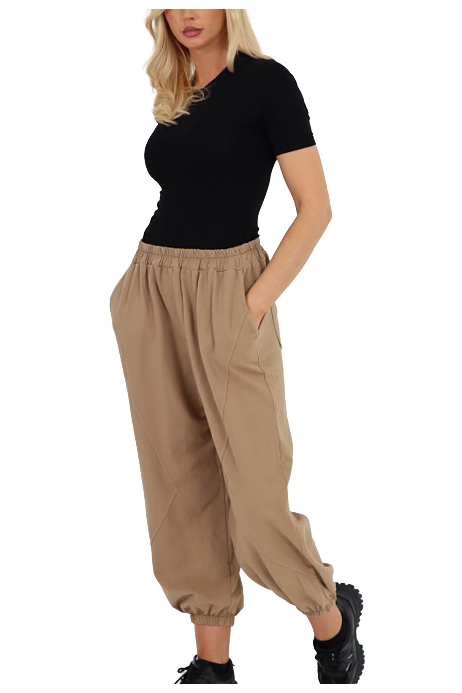 Italian Cuffed Harem Style Cotton Trousers - Camel