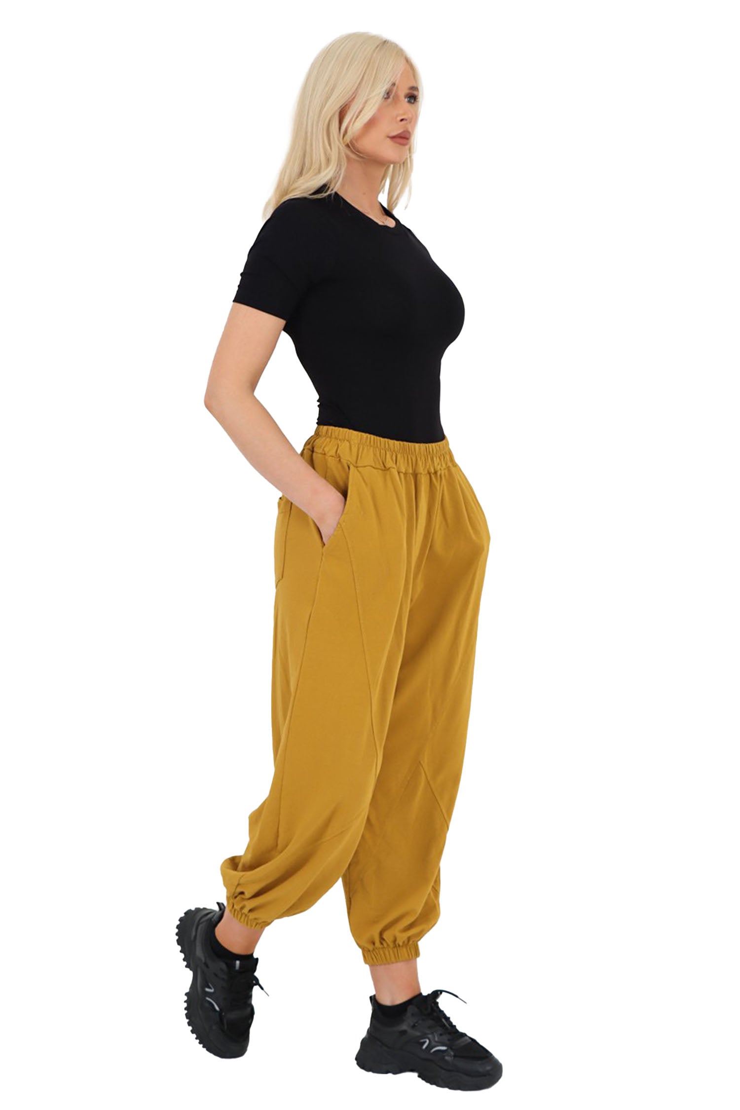 Italian Cuffed Harem Style Cotton Trousers - Mustard