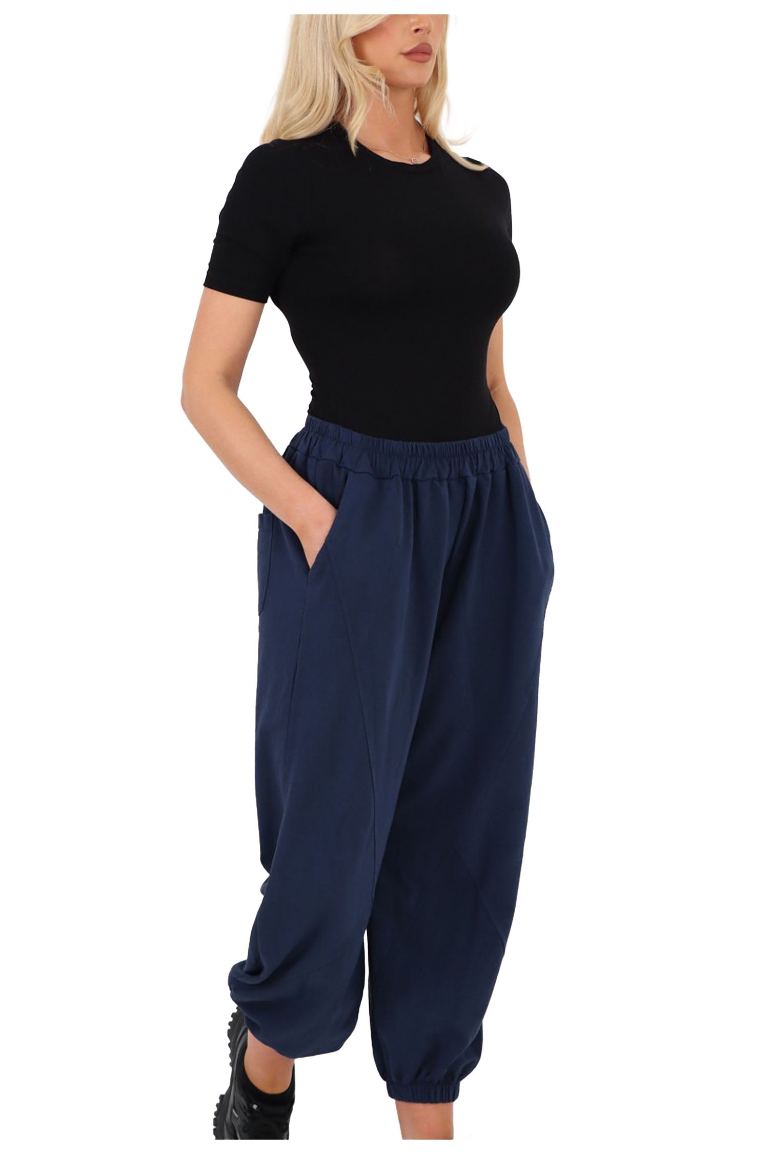 Italian Cuffed Harem Style Cotton Trousers - Navy