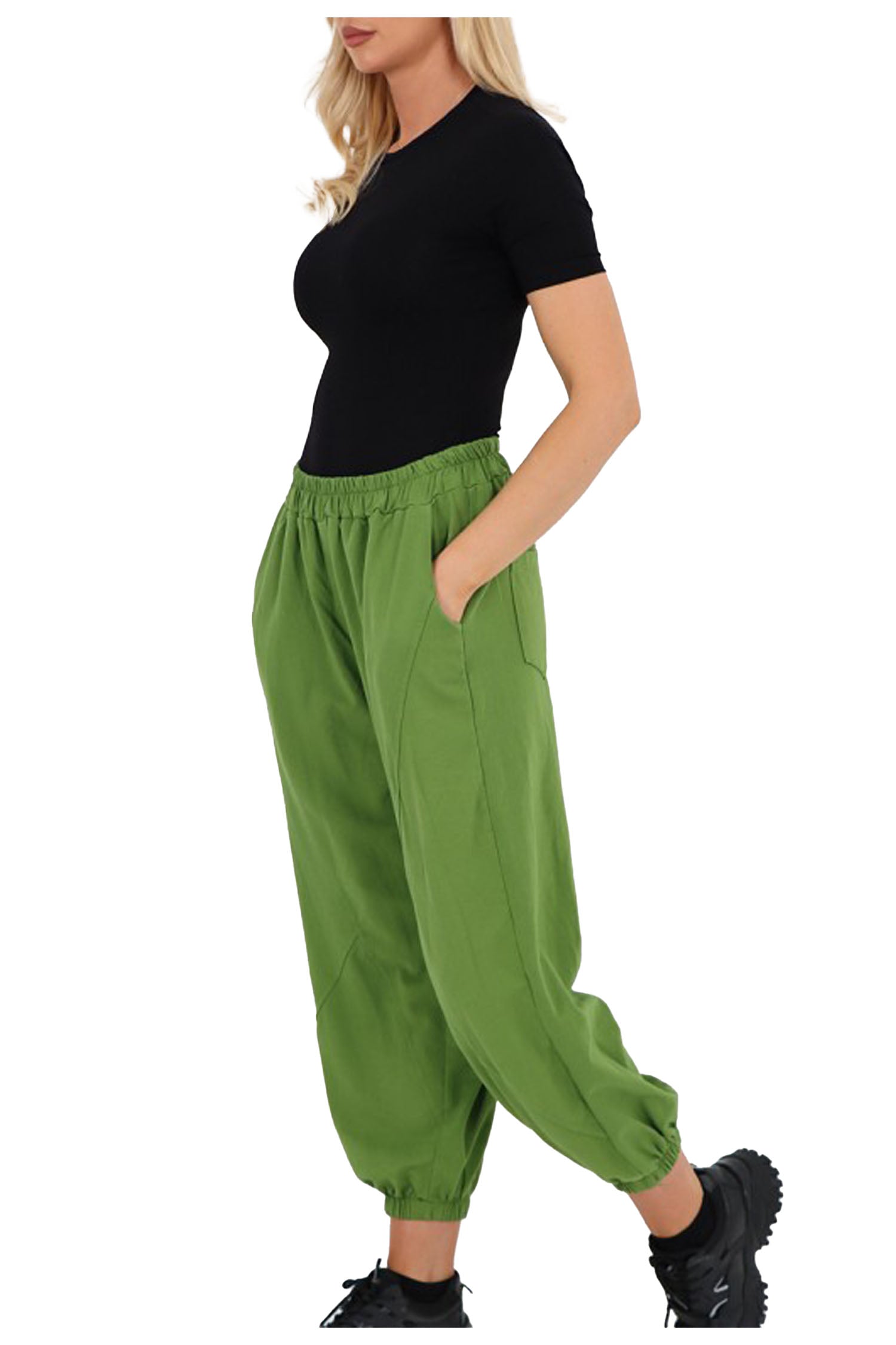 Italian Cuffed Harem Style Cotton Trousers - Olive