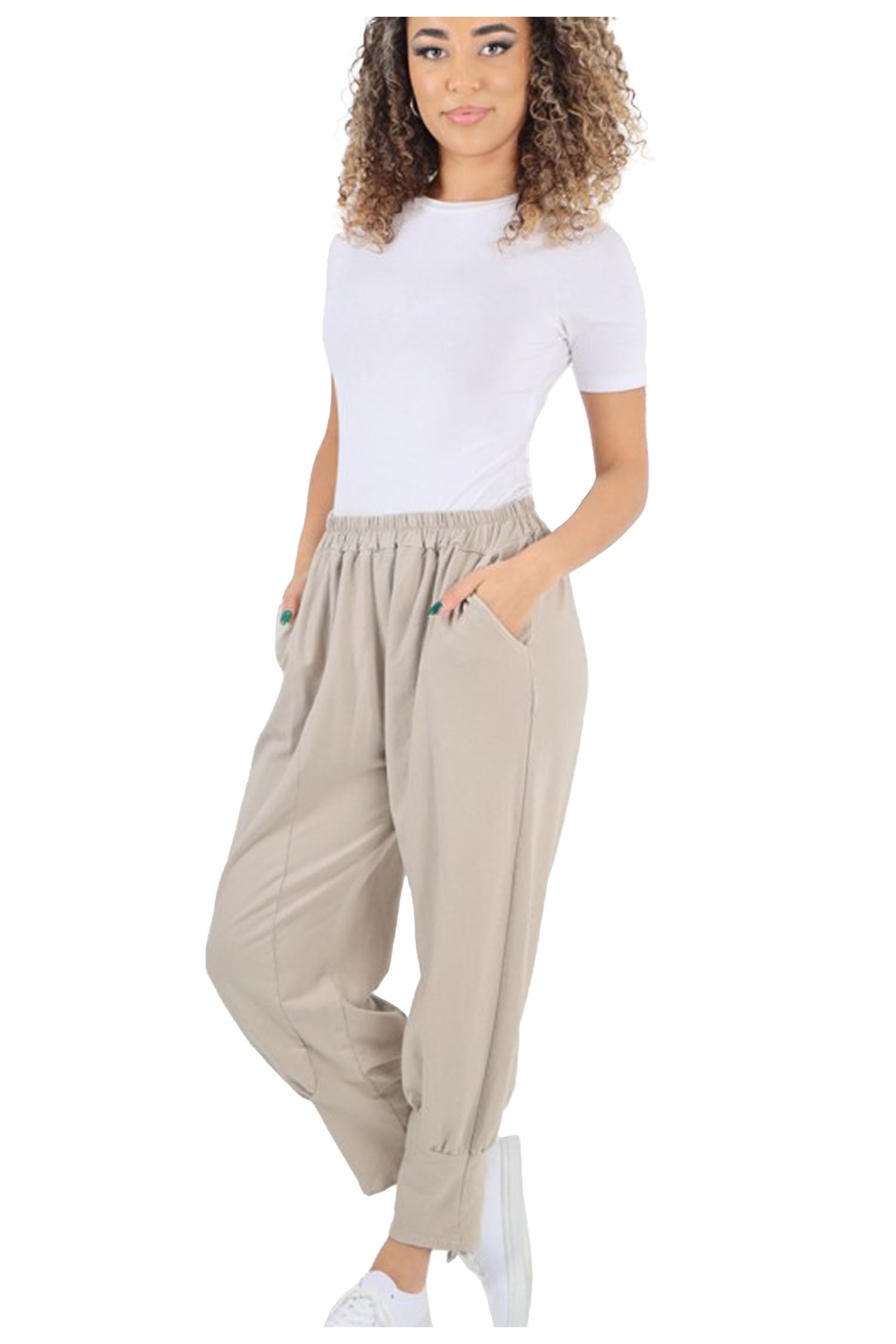 Italian Cuffed Hem Relaxed Fit Trousers - Beige